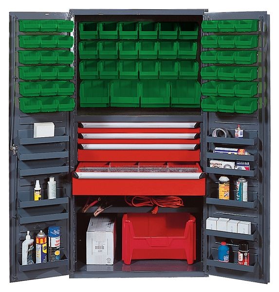Quantum Storage Systems Heavy-Duty 36" Bin Cabinet, 800 lb. capacity, includes (58) removable green bins, gray finish, QSC-3672-4DGN
