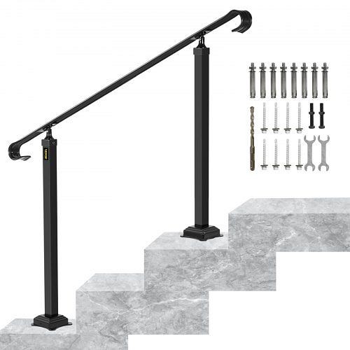 VEVOR Black Stair Handrails, Wrought Iron Outdoor Handrails, Adjustable Stair Railing Fit 1 to 3 Steps, LTFS1MLZFS0000001V0