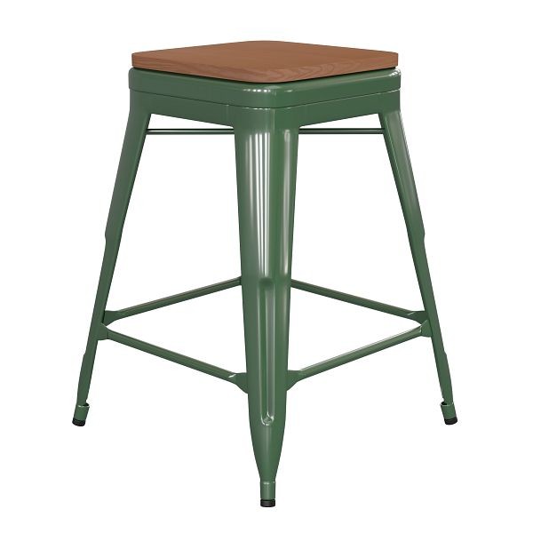 Flash Furniture Kai Commercial 24" High Backless Green Metal Indoor-Outdoor Counter Height Stool with Teak Poly Resin Wood Seat, CH-31320-24-GN-PL2T-GG