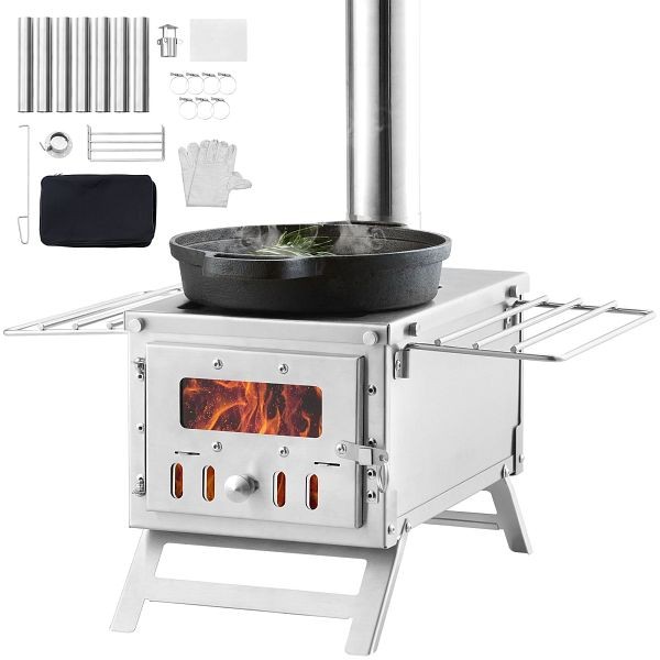 VEVOR Wood Stove, 80 inch, Stainless Steel Camping Tent Stove, Portable Wood Burning Stove with Chimney Pipes & Gloves, 700in³, ZPQNLFX80INCHMHMCV0