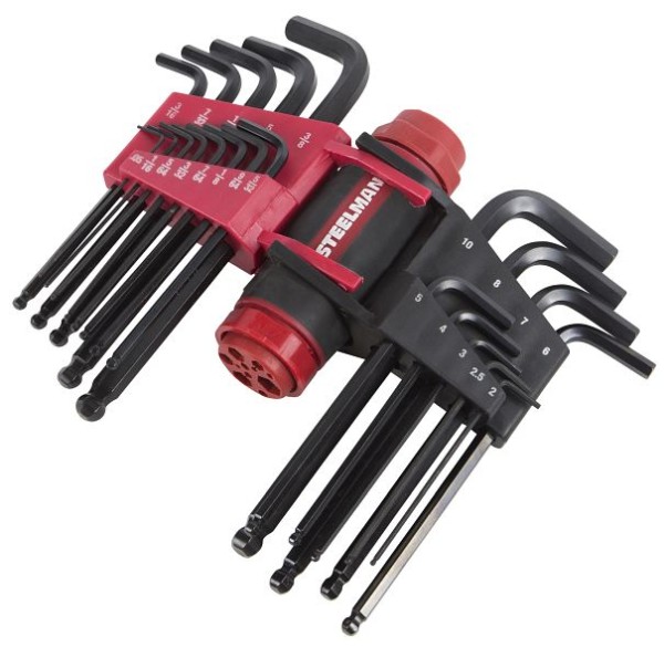 STEELMAN Long Arm Ball End Hex Key Set with T-Handle, Inch/Metric (SAE/MM), 23 Pieces, 41932