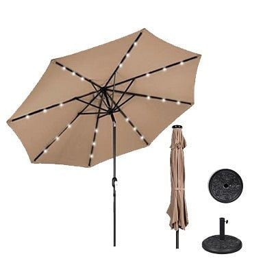AZ Patio Heaters Solar Market Umbrella with LED Lights in Tan with Base, MKC-UMB-T