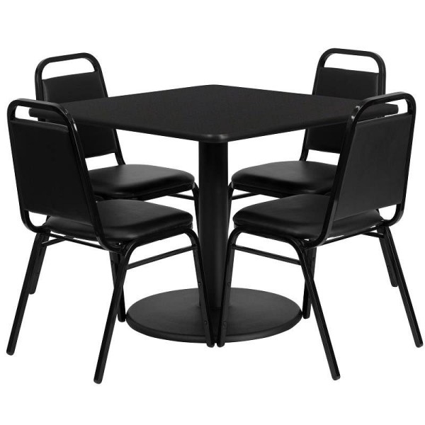 Flash Furniture Jamie 36'' Square Black Laminate Table Set with Round Base and 4 Black Trapezoidal Back Banquet Chairs, RSRB1009-GG