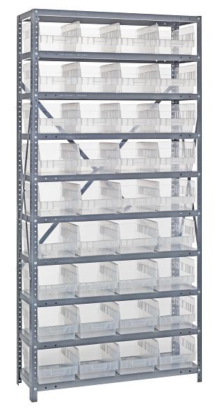 Quantum Storage Systems Shelving Unit, 18x36x75", 400 lb capacity per shelf (13), 36 QSB208 clear black bins, galvanized steel, 1875-208CL