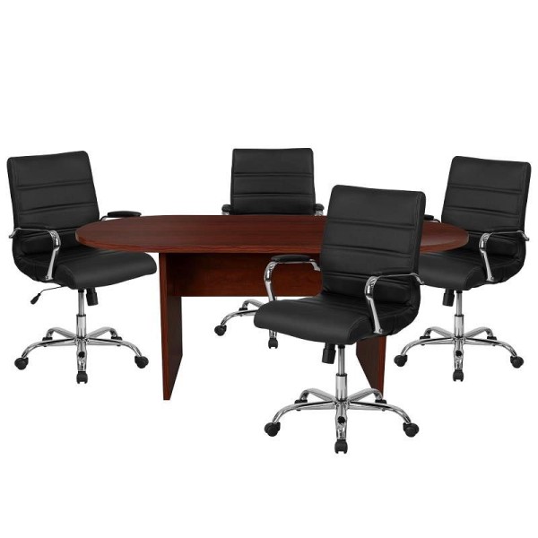 Flash Furniture Lake 5 Piece Mahogany Oval Conference Table Set with 4 Black and Chrome LeatherSoft Executive Chairs, BLN-6GCMHG2286-BK-GG