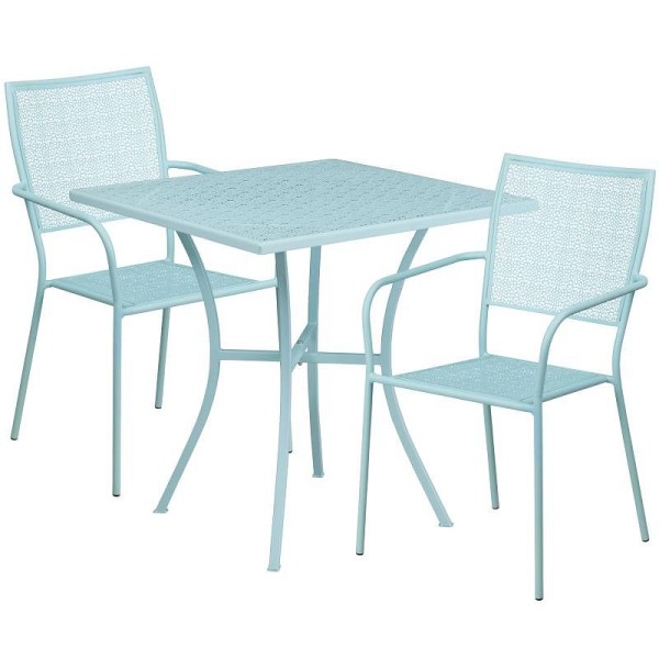 Flash Furniture Oia Commercial Grade 28" Square Sky Blue Indoor-Outdoor Steel Patio Table Set with 2 Square Back Chairs, CO-28SQ-02CHR2-SKY-GG