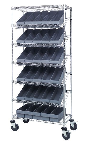 Quantum Storage Systems Bin Systems Unit, mobile, includes (7) wire shelves, (30) gray bins (QED602) & (4) 5" casters, chrome finish, MWRS-7-602GY