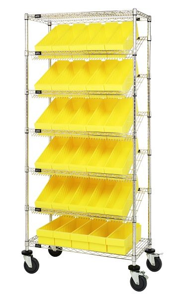 Quantum Storage Systems Bin Systems Unit, mobile, includes (7) wire shelves, (30) yellow bins (QED602) & (4) 5" casters, chrome finish, MWRS-7-602YL