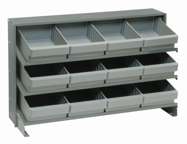 Quantum Storage Systems Pick Rack, slopped, bench style, 12-1/2"L x 36"W x 23"H, (3) shelves configuration, includes (12) QED701 gray bins, QPRHA-701GY