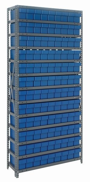 Quantum Storage Systems Shelving Unit, 18x36x75", 400 lb capacity per shelf (13), 108 QED604 blue black bins, cross bars, galvanized steel, 1875-604BL