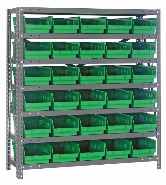 Quantum Storage Systems Shelving Unit, 12x36x39", 400 lb capacity per shelf (7), 30 QSB102 green black bins, galvanized steel, 1239-102GN