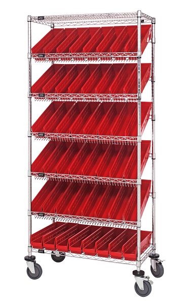 Quantum Storage Systems Bin Systems Unit, mobile, includes (7) wire shelves, (48) red bins (QSB103) & (4) 5" casters, chrome finish, MWRS-7-103RD