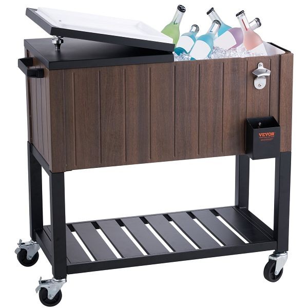 VEVOR Rolling Ice Chest Cooler Cart 80 Quart, Portable Bar Drink Cooler, Wooden Teak Accent, MWZSHWLQTCK808IRQV0
