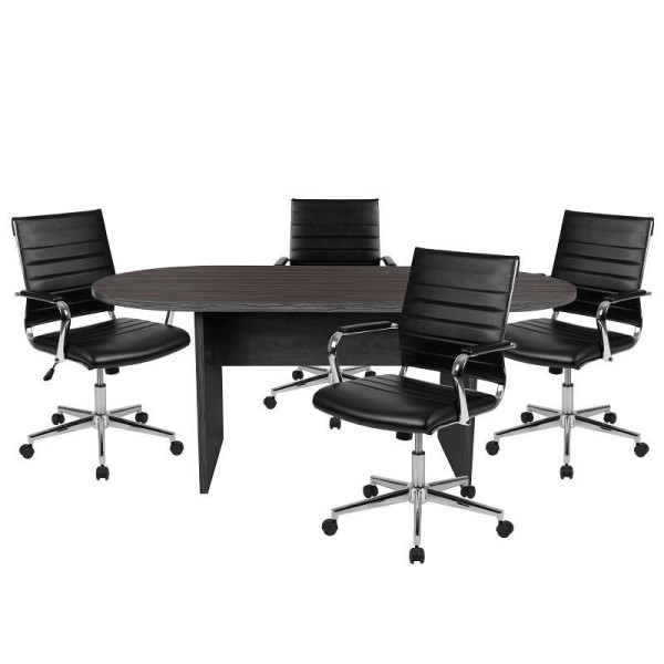 Flash Furniture Lake 5 Piece Rustic Gray Oval Conference Table Set with 4 Black LeatherSoft Ribbed Executive Chairs, BLN-6GCGRY595M-BK-GG