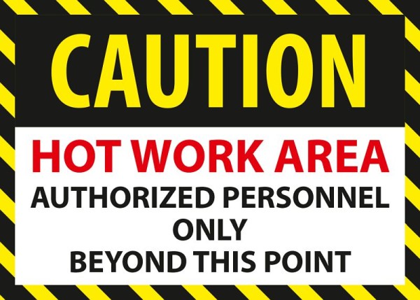 Marahrens Sign Caution - hot work area authorized personnel only beyond this point, rigid plastic, Size: 10 x 7 inch, MA0030.010.21