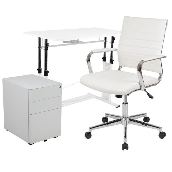 Flash Furniture Stiles Work From Home kit-White Adjustable Computer Desk, LeatherSoft Office Chair & Side Handle Filing Cabinet, BLN-NAN219CHP595M-WH-GG