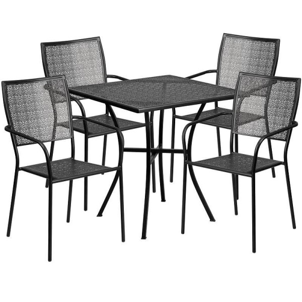 Flash Furniture Oia Commercial Grade 28" Square Black Indoor-Outdoor Steel Patio Table Set with 4 Square Back Chairs, CO-28SQ-02CHR4-BK-GG