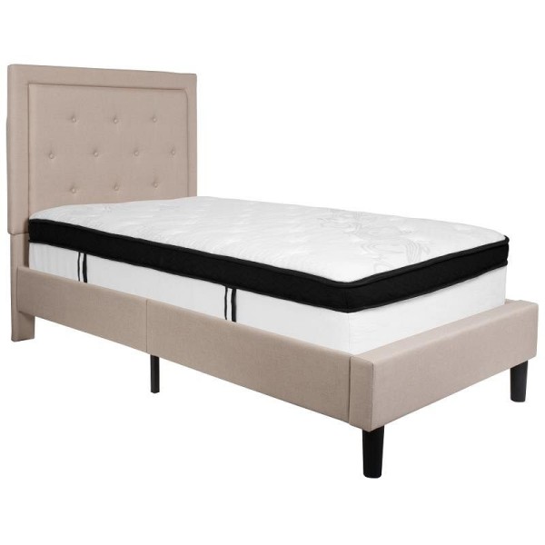 Flash Furniture Roxbury Twin Size Tufted Upholstered Platform Bed in Beige Fabric with Memory Foam Mattress, SL-BMF-17-GG