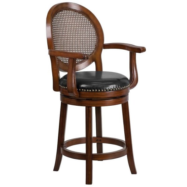 Flash Furniture Victor 26'' High Expresso Wood Counter Height Stool with Arms, Woven Rattan Back and Black LeatherSoft Swivel Seat, TA-550426-E-CTR-GG
