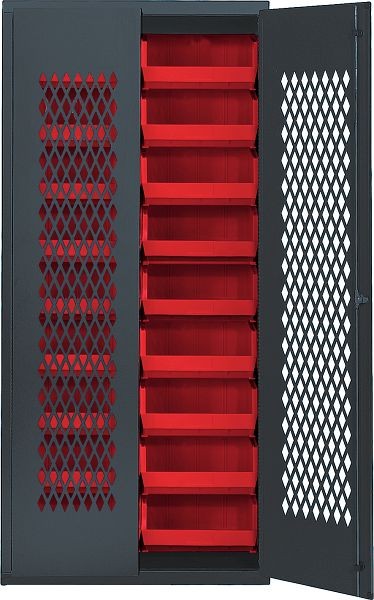 Quantum Storage Systems Specialty Bin Cabinets, heavy-duty, mesh door model, 36"W x 18"D x 78"H, includes (18) red bin, gray finish, MESH-250RD