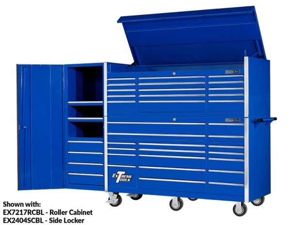 Extreme Tools EX Series 72"W x 30"D 17 Drawer Professional Triple Bank Roller Cabinet Blue with Chrome Drawer Pulls, EX7217RCBL