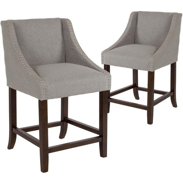Flash Furniture Carmel Series 24" High Transitional Walnut Counter Height Stool with Nail Trim in Light Gray Fabric, Set of 2, 2-CH-182020-24-LTGY-F-GG