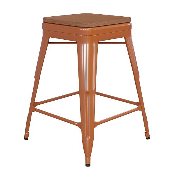Flash Furniture Kai Commercial 24" High Backless Orange Metal Indoor-Outdoor Counter Height Stool with Teak Poly Resin Wood Seat, CH-31320-24-OR-PL2T-GG