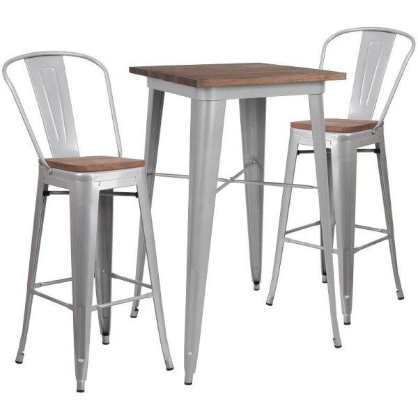 Flash Furniture Bailey 23.5" Square Silver Metal Bar Table Set with Wood Top and 2 Stools, CH-WD-TBCH-2-GG