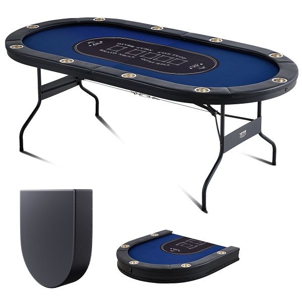 VEVOR 10 Player Foldable Poker Table, Blackjack Texas Holdem Poker Table with Padded Rails and Stainless Steel Cup Holders, Blue, DZDTZDPKPZ105FRSBV0