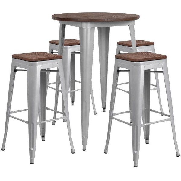 Flash Furniture Bailey 30" Round Silver Metal Bar Table Set with Wood Top and 4 Backless Stools, CH-WD-TBCH-12-GG