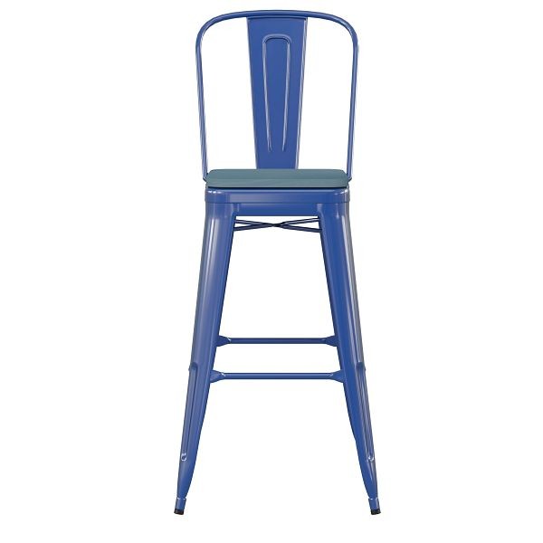 Flash Furniture Kai Commercial 30" Blue Metal Indoor-Outdoor Bar Height Stool, Removable Back, Teal Blue Poly Resin Seat, CH-31320-30GB-BL-PL2C-GG