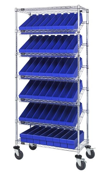 Quantum Storage Systems Bin Systems Unit, mobile, includes (7) wire shelves, (48) blue bins (QED604) & (4) 5" casters, chrome finish, MWRS-7-604BL