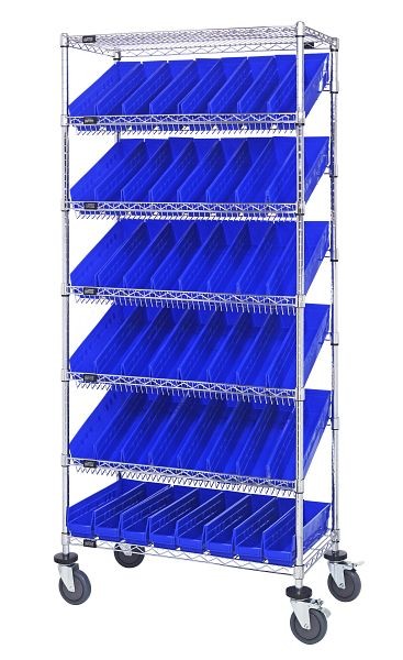 Quantum Storage Systems Bin Systems Unit, mobile, includes (7) wire shelves, (48) blue bins (QSB103) & (4) 5" casters, chrome finish, MWRS-7-103BL