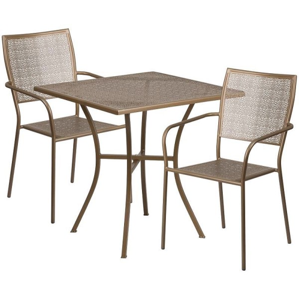Flash Furniture Oia Commercial Grade 28" Square Gold Indoor-Outdoor Steel Patio Table Set with 2 Square Back Chairs, CO-28SQ-02CHR2-GD-GG