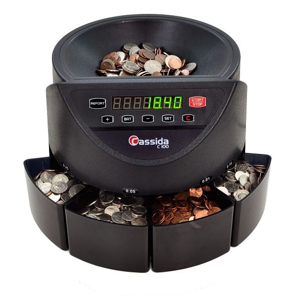 Cassida Electronic Coin Sorter/Counter, Countable coins 1¢, 5¢, 10¢, 25¢, 250 coins/min, 110 VAC, Black, C-C100