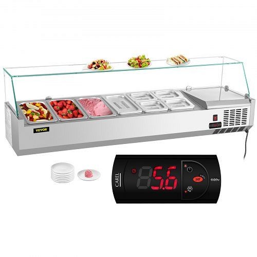 VEVOR 60" Countertop Refrigerated Salad Pizza Prep Station Glass Shield 8 Pans, BLZBXGL60110V7S6YV1