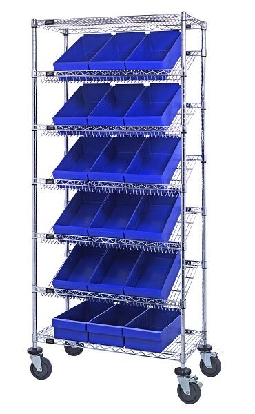 Quantum Storage Systems Bin Systems Unit, mobile, includes (7) wire shelves, (18) blue bins (QED606) & (4) 5" casters, chrome finish, MWRS-7-606BL