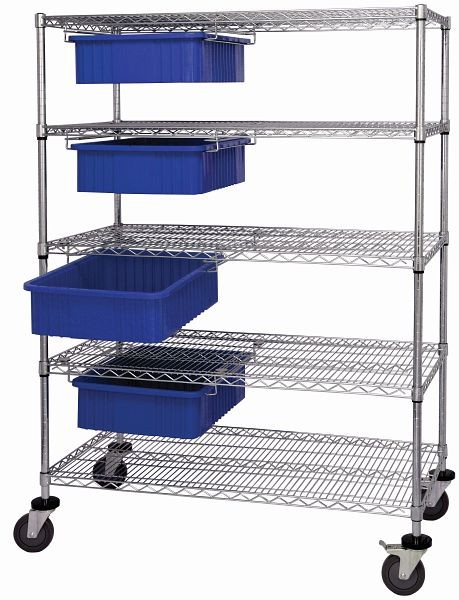 Quantum Storage Systems Bin Cart System, 36x24x69", 1200Lbs, (4)drawers with dividable grid blue container (DG92060), Chrome, WRC5-63-2436-92060BL