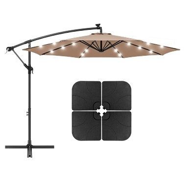 AZ Patio Heaters Offset Cantilever Umbrella with LED Lights in Tan with Cantilever Umbrella Base Set(4pc), CTC-UMB-T