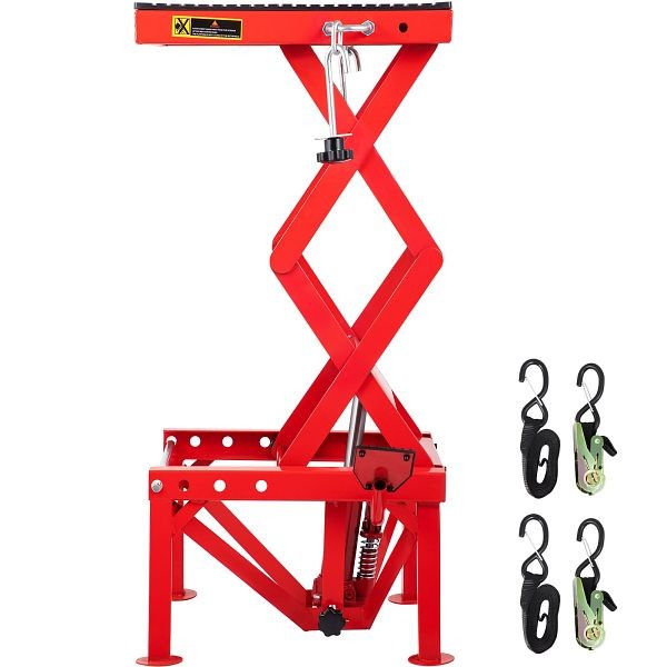 VEVOR Hydraulic Motorcycle Lift Table 300LBS, red scissor lift table with Fastening Straps, MTCYYSJT300BHS001V0