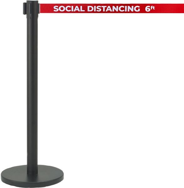 AARCO Form-A-Line™ System with 7' Belt, Black Finish with Printed Red Belt, "SOCIAL DISTANCING 6FT", HBK-7PRD