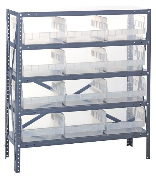 Quantum Storage Systems Shelving Unit, 12x36x39", 400 lb capacity per shelf (5), 12 QSB209 clear black bins, cross bars, galvanized steel, 1239-209CL