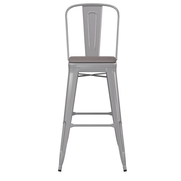 Flash Furniture Kai Commercial 30" Silver Metal Indoor-Outdoor Bar Height Stool, Removable Back, Gray Poly Resin Seat, CH-31320-30GB-SIL-PL2G-GG