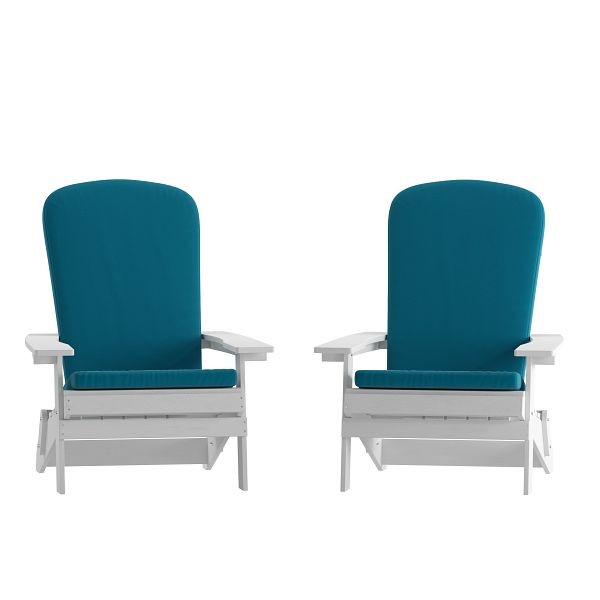 Flash Furniture Charlestown All-Weather Poly Resin Indoor/Outdoor Folding Adirondack Chairs in White with Teal Cushion, Set of 2, 2-JJ-C14505-CSNTL-WH-GG