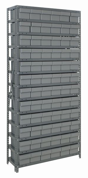 Quantum Storage Systems Shelving Unit, 18x36x75", 400 lb capacity per shelf (13), 72 QED602 gray black bins, cross bars, galvanized steel, 1875-602GY