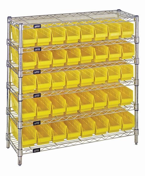 Quantum Storage Systems Bin Wire Shelving System, 36x12x36", 800Lbs per shelf, (6)shelves, (4)posts, (40)QSB101 yellow bins, Chrome, WR6-36-1236-101YL