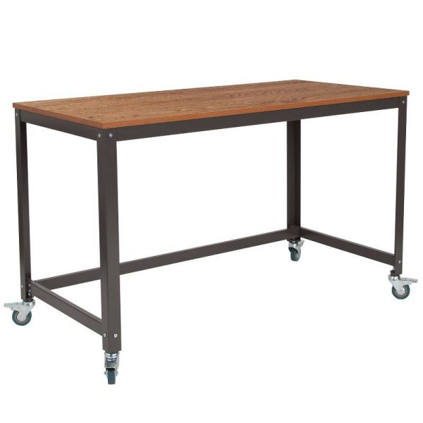 Flash Furniture Livingston Collection Computer Table and Desk in Brown Oak Wood Grain Finish with Metal Wheels, NAN-JN-2522D-GG