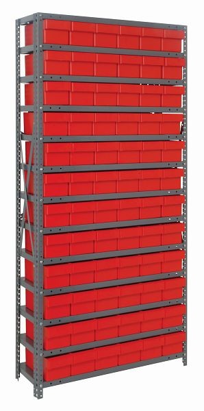 Quantum Storage Systems Shelving Unit, 18x36x75", 400 lb capacity per shelf (13), 72 QED602 red black bins, cross bars, galvanized steel, 1875-602RD