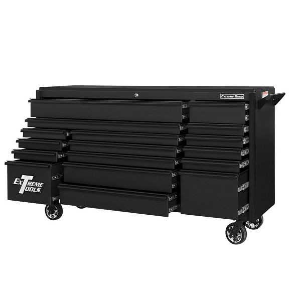 Extreme Tools DX Series 72"W x 21"D 17 Drawer Triple Bank Roller Cabinet 100 lbs Slides Matte Black with Gloss Black Drawer Pulls, DX722117RCMBBK