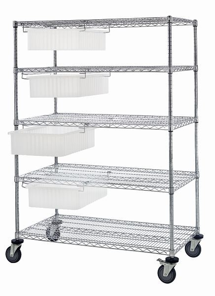 Quantum Storage Systems Bin Cart System, 36x24x69", 1200Lbs, (4)drawers with dividable grid clear container (DG92060), Chrome, WRC5-63-2436-92060CL